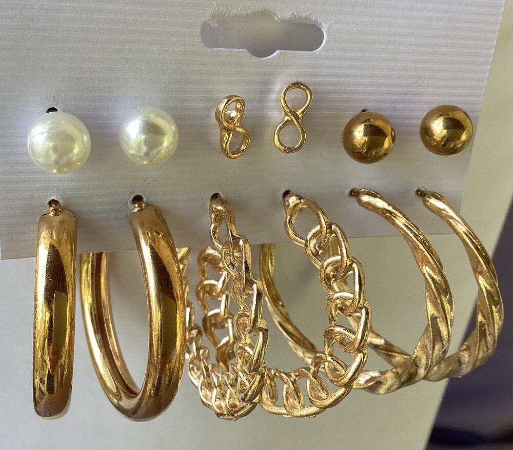 4211 NIP 6 Pair Goldtone Faux Pearls Hoops Contemporary Drop Earrings Studs